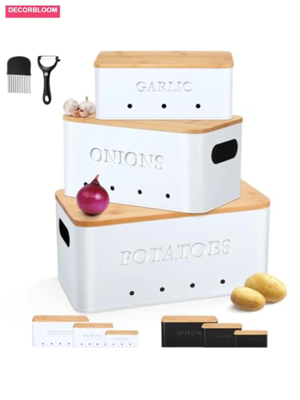 3 PC Metal Vegetable Keeper Storage Bins Set with Lids Aerating Holes for Onion